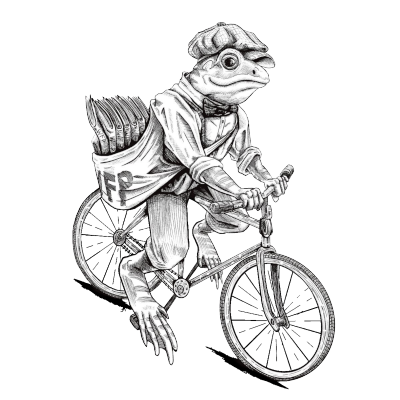 Windham Free Press Frog riding a bicycle with a side bag full of papers with WFP written on the bag.