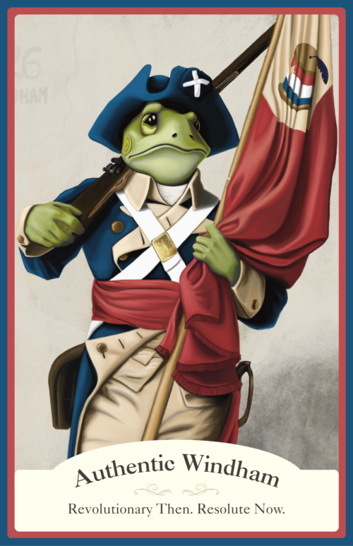 Illustration of a green frog dressed as a Revolutionary War soldier holding a colonial-era Windham Free Press flag beneath the title "Authentic Windham" with the tagline "Revolutionary Then. Resolute Now."