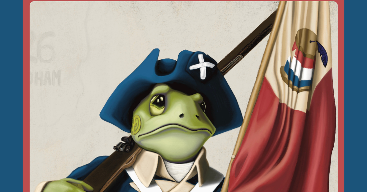 Illustration of the Windham Free Press frog mascot dressed as a Revolutionary War soldier, carrying a musket and a New England-inspired flag.